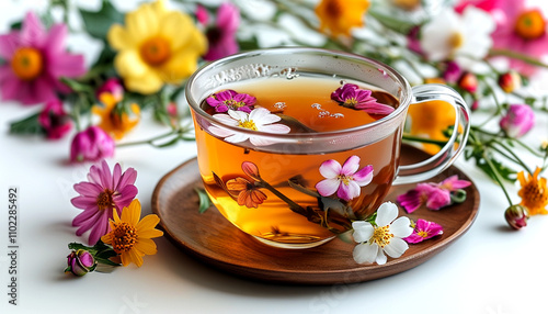 Refreshing herbal tea adorned with vibrant flowers celebrates nature's bounty