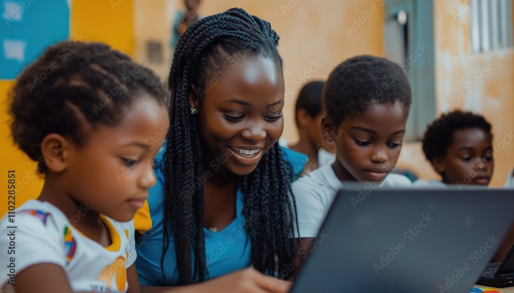 Students In An Elementary School Class Are Using Laptops With The Guidance Of Their Teacher During A Computer Lesson. Students In An Elementary School Class Are Using Laptops With The Guidance Of Their Teacher During A Computer Lesson.