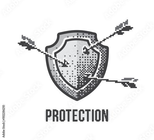 Shield with arrows. Protection concept. Pixel art vector illustration.