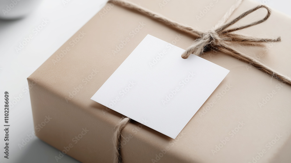 Rustic twine-wrapped beige gift box with a blank white label, ideal for adding a personal touch Rustic twine-wrapped beige gift box with a blank white label, ideal for adding a personal touch