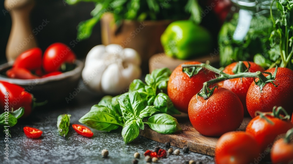 Fresh basil, tomatoes, and spices on a rustic kitchen counter Fresh basil, tomatoes, and spices on a rustic kitchen counter