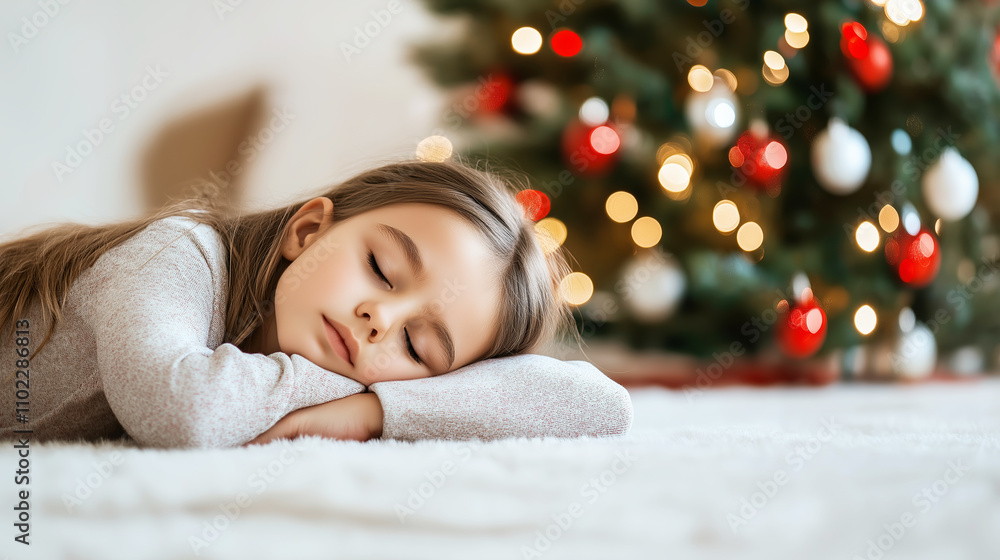 Serene child sleeping peacefully near decorated christmas tree, enjoying the festive atmosphere and holiday spirit Serene child sleeping peacefully near decorated christmas tree, enjoying the festive atmosphere and holiday spirit
