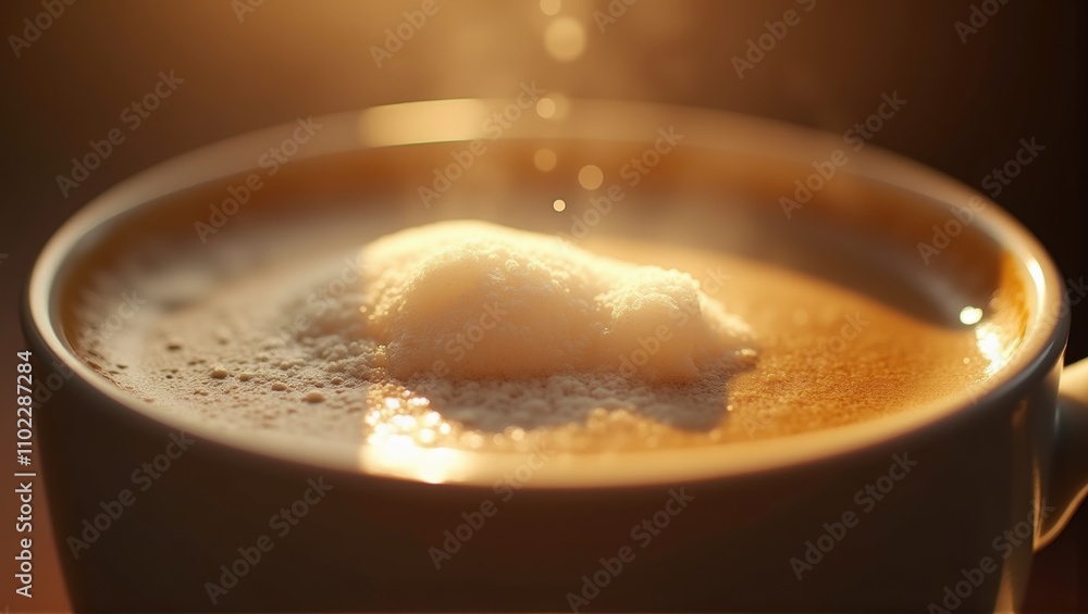 Close-up of a frothy coffee in a cup with sunlight highlighting the foam's texture. Generative, AI, Close-up of a frothy coffee in a cup with sunlight highlighting the foam's texture. Generative, AI,