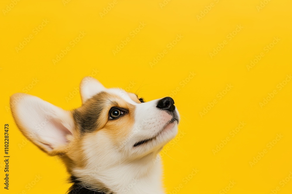 Corgi puppy looking upwards on yellow Corgi puppy looking upwards on yellow