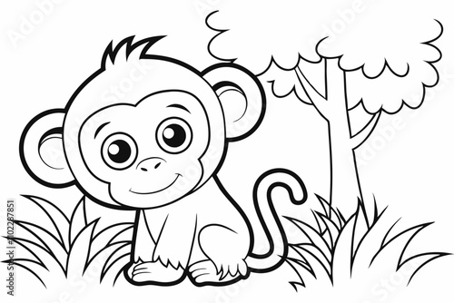 cute Chimpanzee, some grass and a tree, coloring book