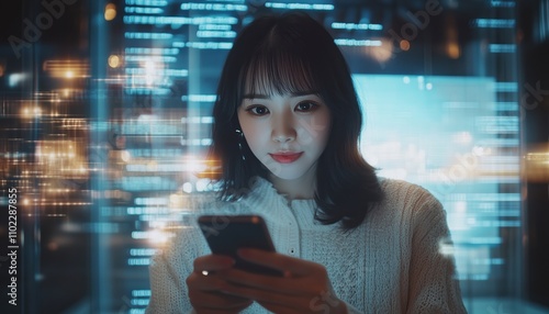 Woman Engaging In Mobile Banking With Global Network On Virtual Screen: Exploring E-Commerce, Mobile Payment Apps, E-Transactions, And Financial Technology. photo