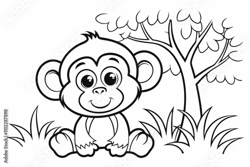 cute Chimpanzee, some grass and a tree, coloring book