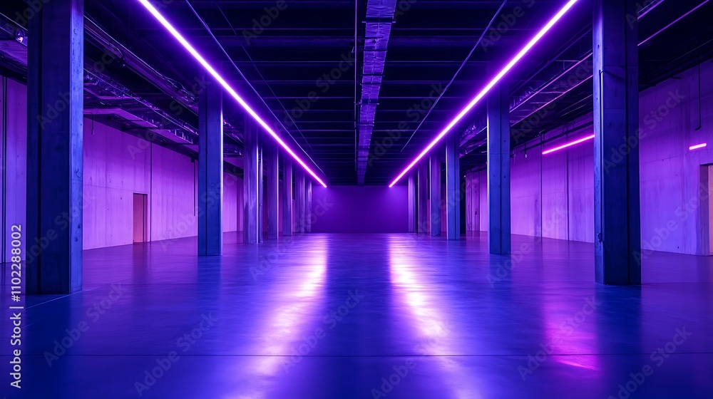A spacious industrial hall designed for workouts, with clean lines, neon light accents highlighting the open space A spacious industrial hall designed for workouts, with clean lines, neon light accents highlighting the open space