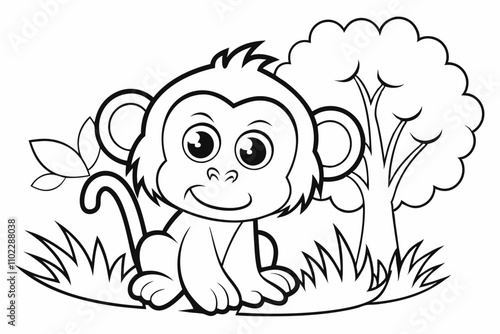 cute Chimpanzee, some grass and a tree, coloring book