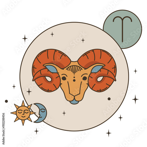 Emblem in a circle is the head of a ram with horns. Aries is a zodiac sign. Postcard vintage flat vector illustration. Eps10