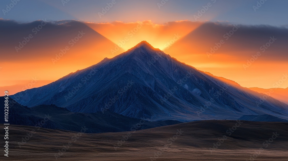 Majestic Mountain Peak Surrounded by Glowing Sunset Rays Majestic Mountain Peak Surrounded by Glowing Sunset Rays