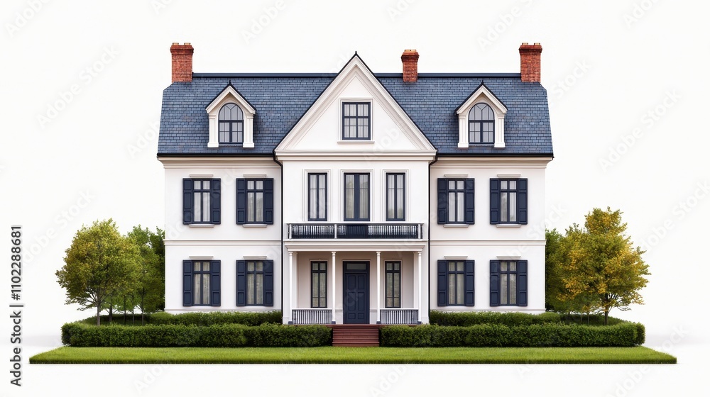 Elegant Two-Story Colonial House with Front Porch and Garden Elegant Two-Story Colonial House with Front Porch and Garden