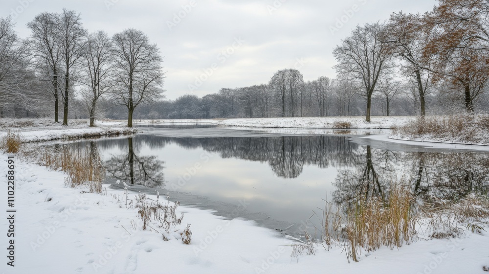 Winter Landscape with Snow-Covered Trees Reflecting in a Frozen Lake Winter Landscape with Snow-Covered Trees Reflecting in a Frozen Lake