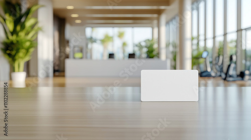 Wallpaper Mural Wooden table with white card displayed, with gym reception in background, perfect for promoting gym memberships or offers Torontodigital.ca