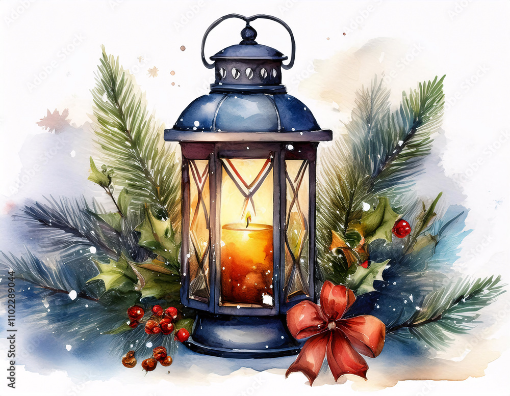 A blue lantern with a lit candle inside, surrounded by pine branches and poinsettias A blue lantern with a lit candle inside, surrounded by pine branches and poinsettias