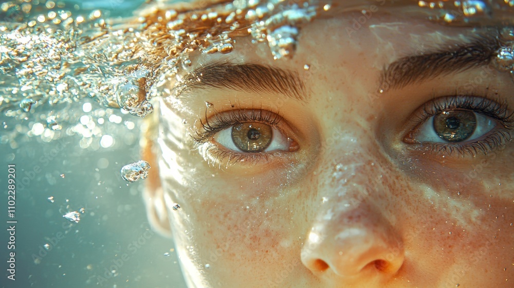 Submerged face with expressive eyes and shimmering bubbles Submerged face with expressive eyes and shimmering bubbles