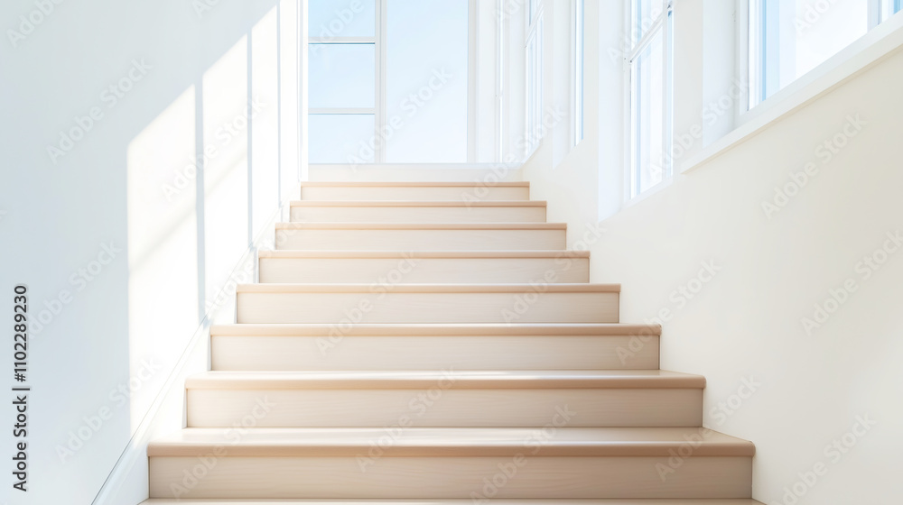 Sunlit wooden staircase in a modern, minimalist white interior, offering a feeling of open, airy space as it ascends upward Sunlit wooden staircase in a modern, minimalist white interior, offering a feeling of open, airy space as it ascends upward