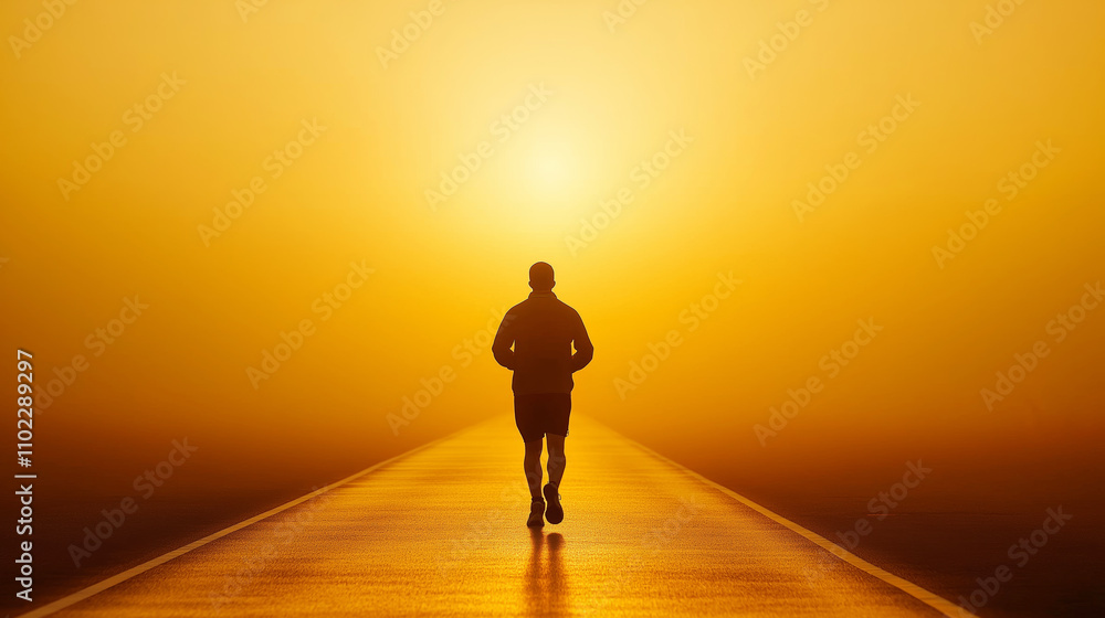 Athlete running towards a bright setting sun on a long straight road, representing hope, success, and fresh starts Athlete running towards a bright setting sun on a long straight road, representing hope, success, and fresh starts