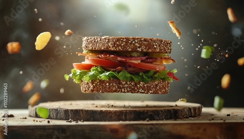 Levitating Sandwich With Wholesome Ingredients On Wooden Board, Creative And Healthy Food Presentation, Vertical Orientation With Textured Background. photo