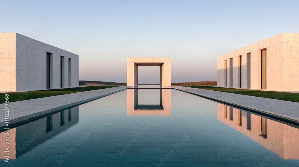 A serene modern architectural scene featuring minimalist structures reflected in a tranquil water pool under a clear sky. A serene modern architectural scene featuring minimalist structures reflected in a tranquil water pool under a clear sky.
