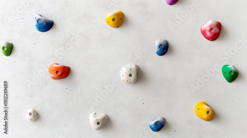Vibrant multicolored climbing holds on a white wall provide an exciting setting for indoor rock climbing and bouldering