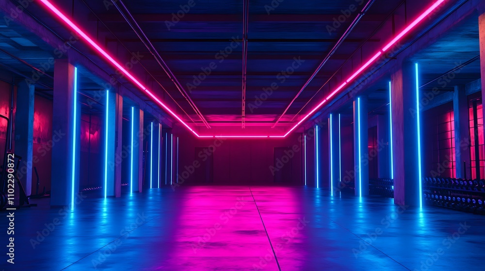 A spacious industrial hall with high ceilings, repurposed as a workout area, illuminated by bold neon lights in blue and pink tones A spacious industrial hall with high ceilings, repurposed as a workout area, illuminated by bold neon lights in blue and pink tones