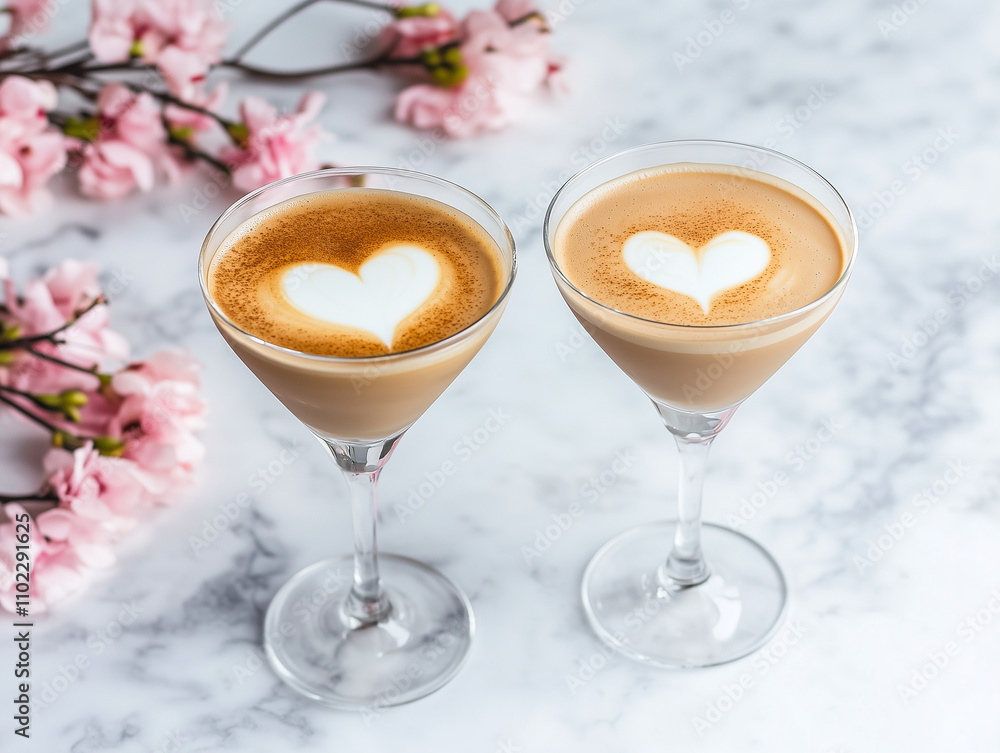 Valentine’s Day Espresso Martini with Heart-Shaped Crema on Marble Background. Romantic Cocktail for Celebrating Love and Special Occasions Valentine’s Day Espresso Martini with Heart-Shaped Crema on Marble Background. Romantic Cocktail for Celebrating Love and Special Occasions