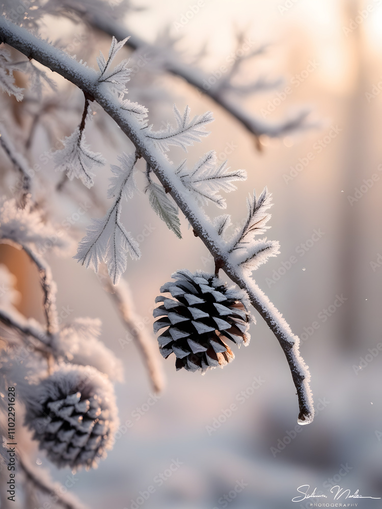 Frost-kissed pinecones hanging delicately from a snowy branch in a serene winter landscape at dawn Frost-kissed pinecones hanging delicately from a snowy branch in a serene winter landscape at dawn