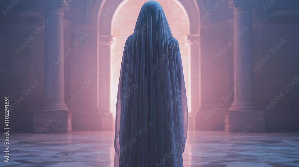 A mysterious figure in a flowing cloak stands before an illuminated archway, creating an ethereal atmosphere in a grand, marble space. A mysterious figure in a flowing cloak stands before an illuminated archway, creating an ethereal atmosphere in a grand, marble space.