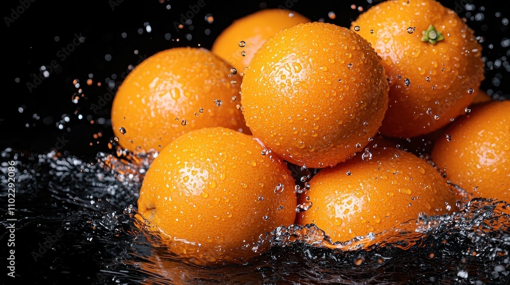 Fresh and Juicy Oranges with Water Splash on Black Background Fresh and Juicy Oranges with Water Splash on Black Background