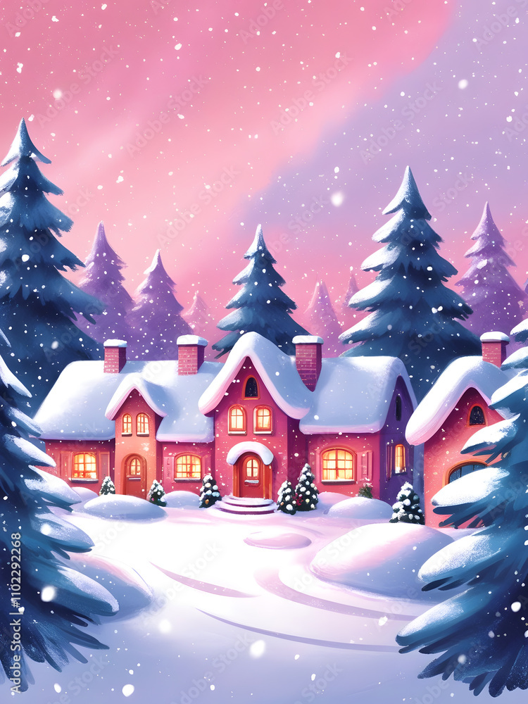 Naklejka premium Snow-covered cottage nestled amidst tall evergreens under a pastel pink sky in a serene winter wonderland