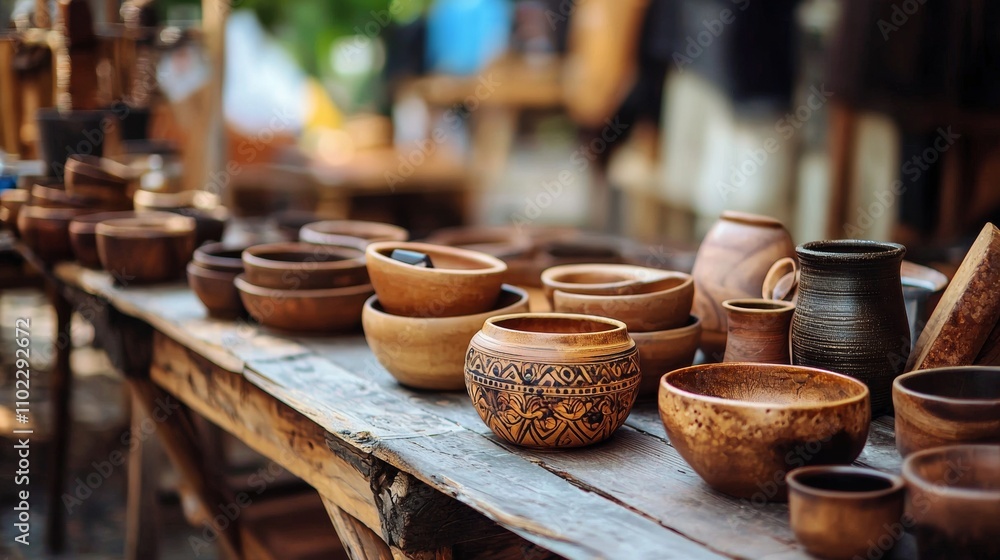 Handcrafted wooden bowls displayed on a rustic table Handcrafted wooden bowls displayed on a rustic table
