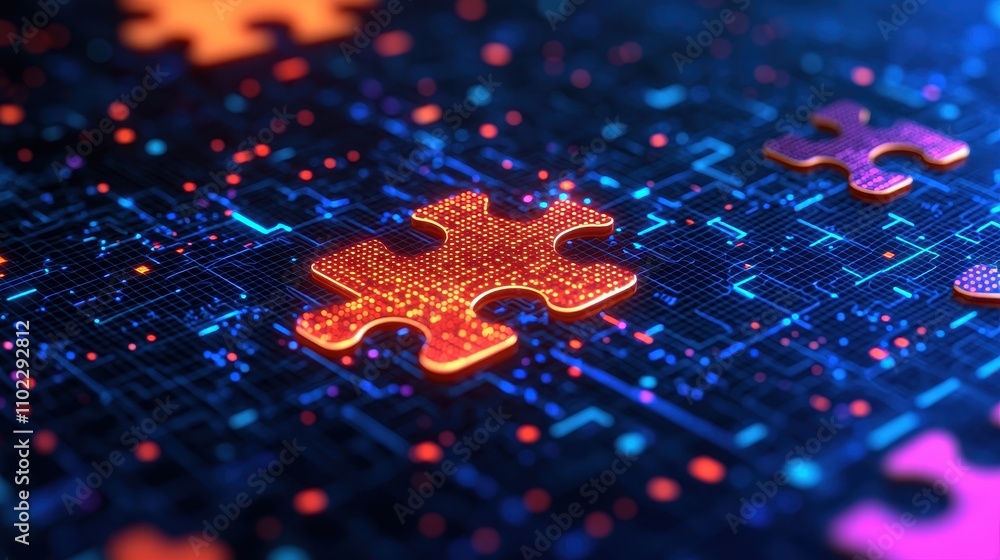 Colorful Puzzle Pieces on a Digital Circuit Background Colorful Puzzle Pieces on a Digital Circuit Background
