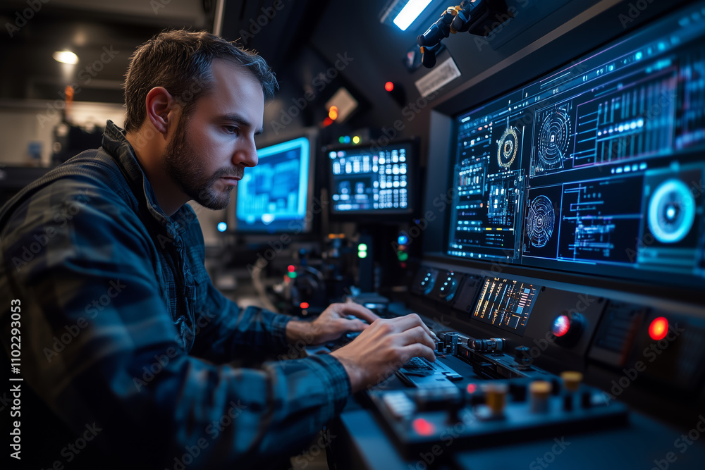 Operator fine-tunes CNC settings for precise machining in a modern workshop Operator fine-tunes CNC settings for precise machining in a modern workshop