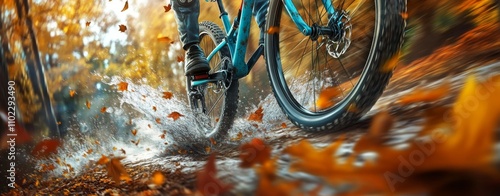 A lively close-up of a bicycle wheel spinning, kicking up autumn leaves along a picturesque trail. Ideal for themes of action and nature. photo