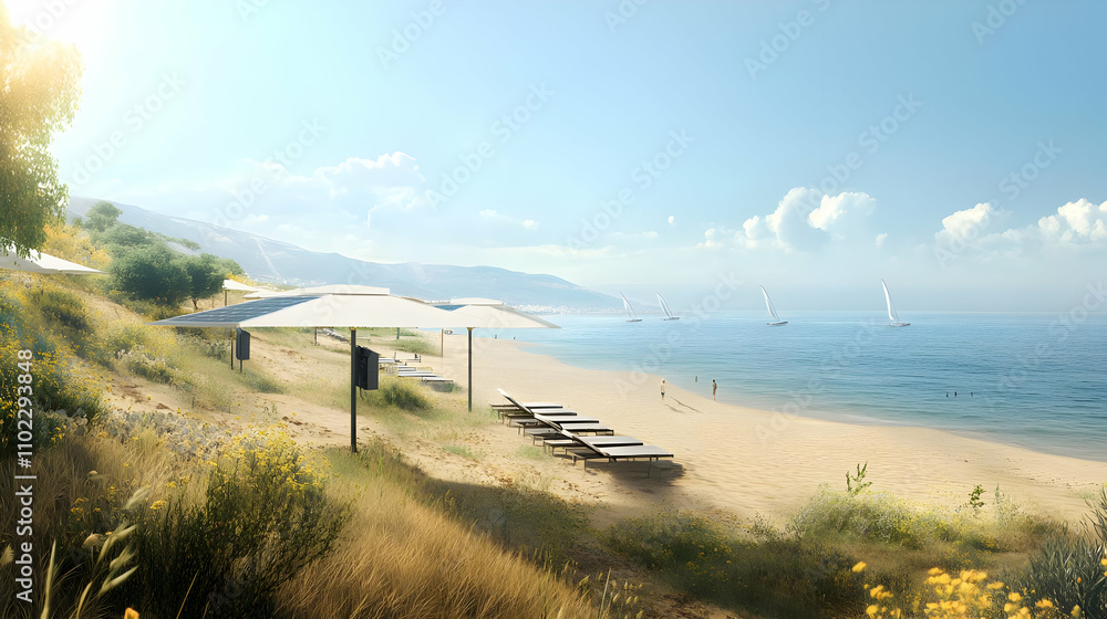 A serene beach scene with loungers, umbrellas, and distant sailboats under a clear sky. A serene beach scene with loungers, umbrellas, and distant sailboats under a clear sky.