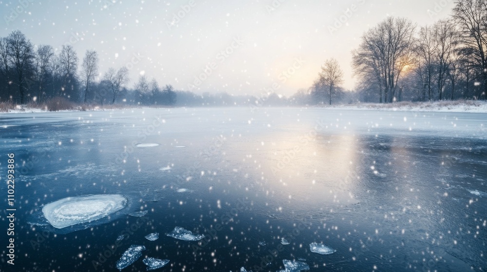 Snowy Landscape with Frozen Lake and Silhouetted Trees Snowy Landscape with Frozen Lake and Silhouetted Trees