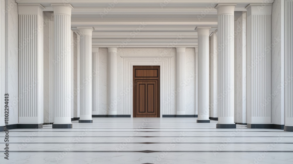 Fototapeta premium A spacious corridor with tall white columns and a wooden door at the end, featuring a clean marble floor and a minimalist design.