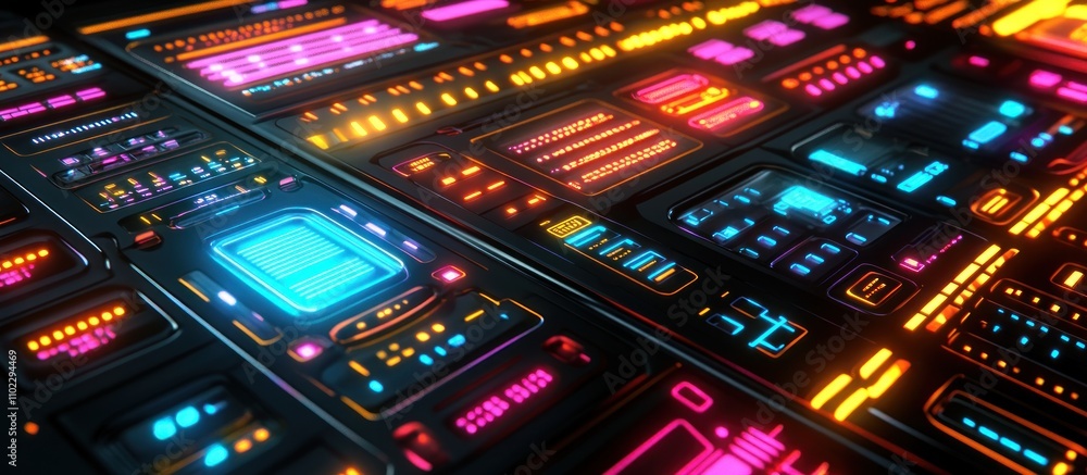 Futuristic digital interface with glowing neon lights and various controls.