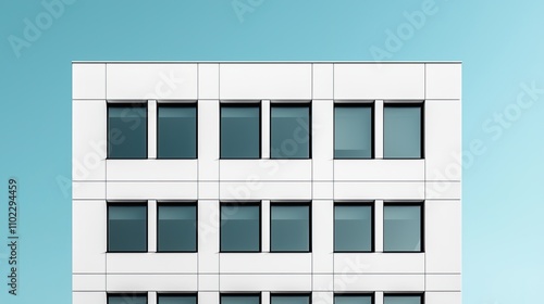 A modern building facade featuring a grid of windows against a clear blue sky, showcasing minimalist architectural design.