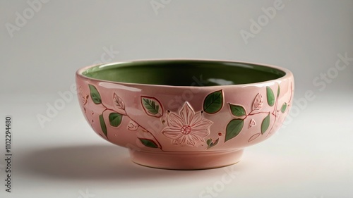 Wallpaper Mural Pink ceramic bowl with green interior and floral design. Torontodigital.ca