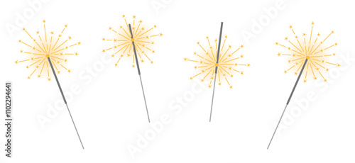 Burning sparklers set with gradient elements. Sparkling Bengal lights. Decorative fireworks for New Year celebration, birthday and other parties. Vector illustration isolated on white background.