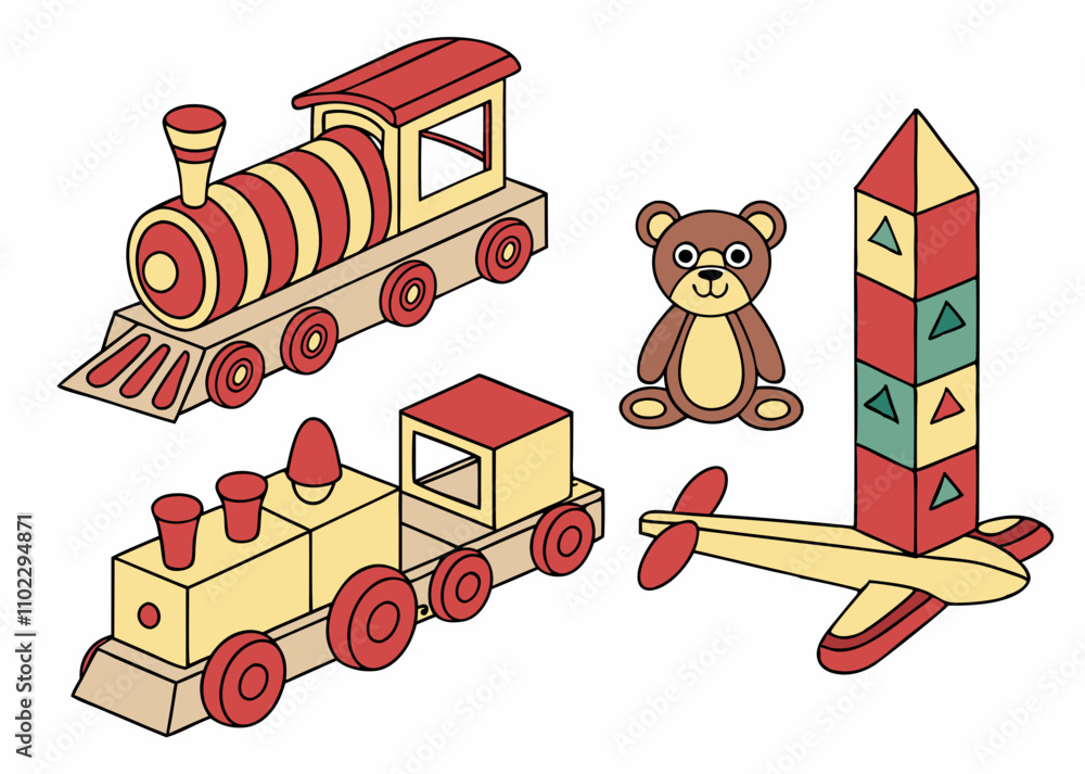 Naklejka premium wooden toy building train blocks animal airplane for kids on white background.