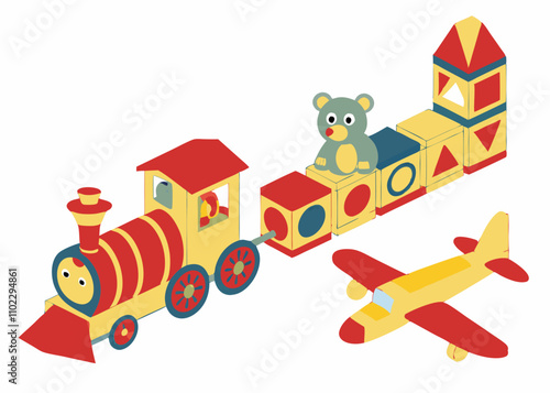 wooden toy building train blocks animal airplane for kids on white background.