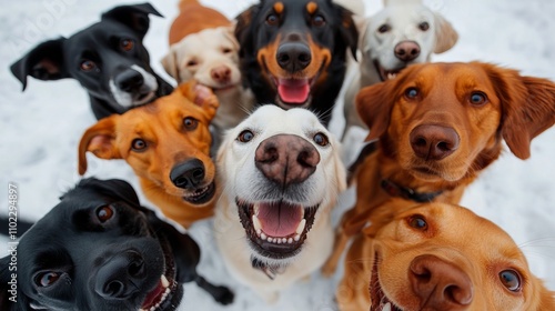 A group of dogs looking up at the camera in the snow photo