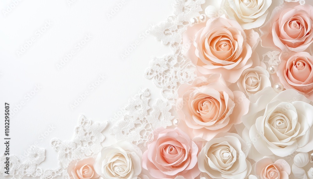 Delicate pink and white roses arranged artistically, accented with lace, create a soft and romantic floral composition on a light background.