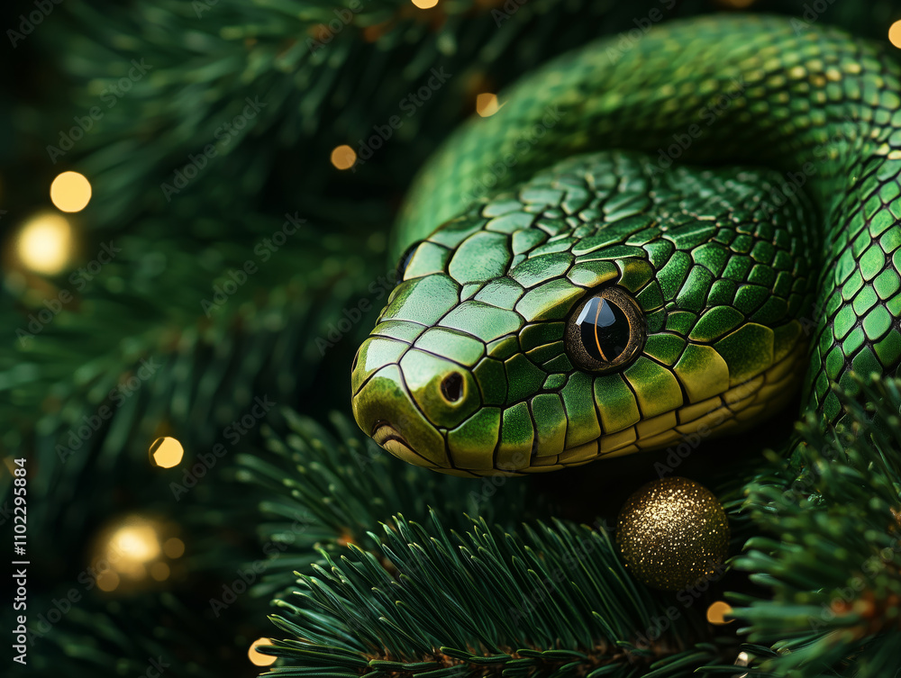 Fototapeta premium Pine needles and festive charm featuring a green snake for celebration