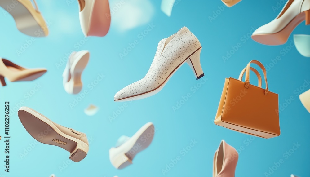 Fashionable Women'S Shoes And Accessories Soaring Through The Air On A Beam Of Light. Chic Women'S Handbags And Shoes. Modern And Stylish. Fashionable Women'S Shoes And Accessories Soaring Through The Air On A Beam Of Light. Chic Women'S Handbags And Shoes. Modern And Stylish.
