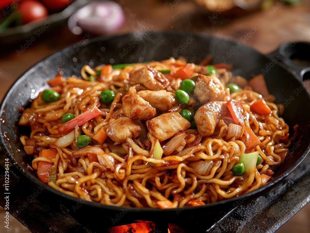 Sizzling Stir-Fried Noodles with Chicken Kitchen Food Indoors Close-Up Culinary Artistry Sizzling Stir-Fried Noodles with Chicken Kitchen Food Indoors Close-Up Culinary Artistry