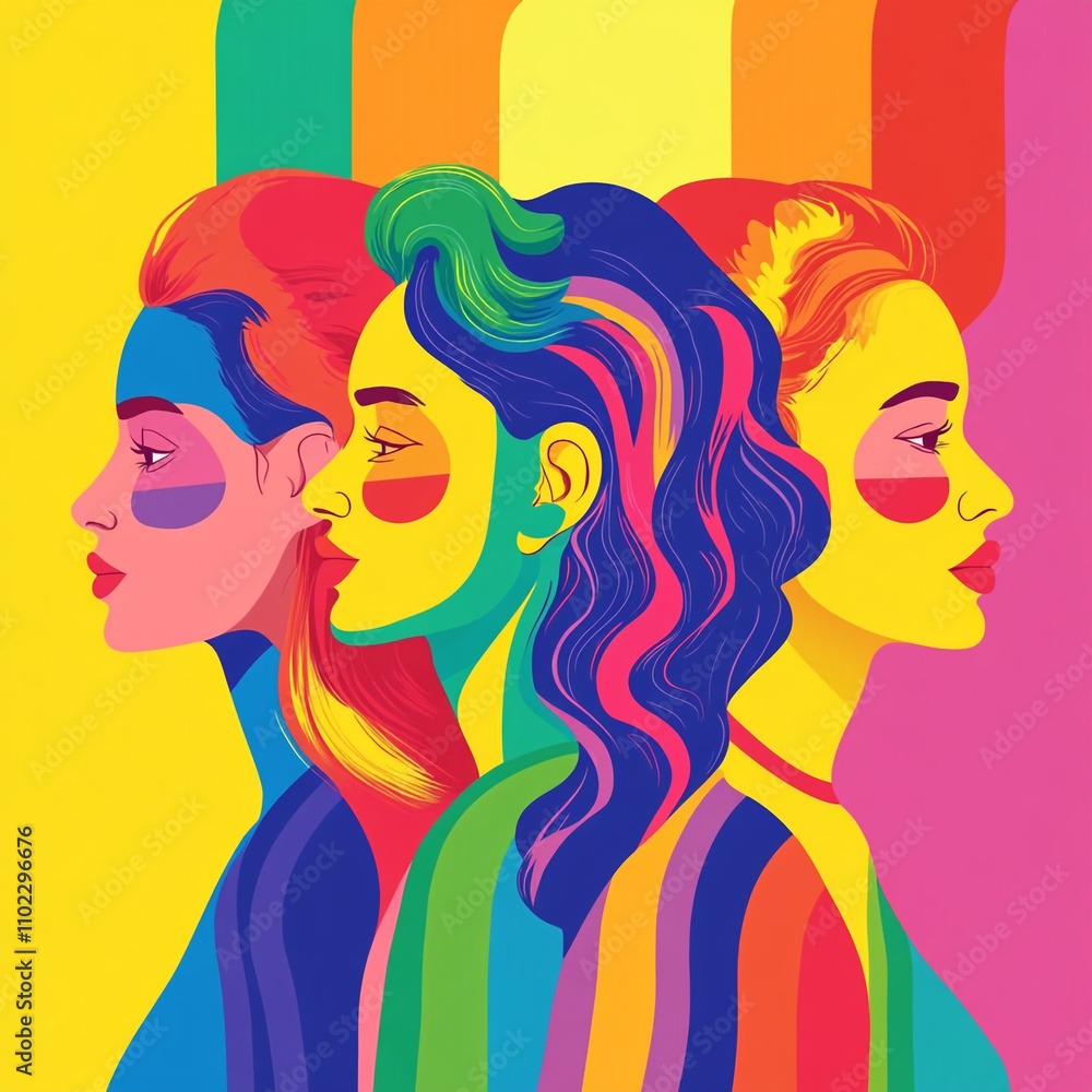 Color illustration of women. Rainbow background. Color illustration of women. Rainbow background.